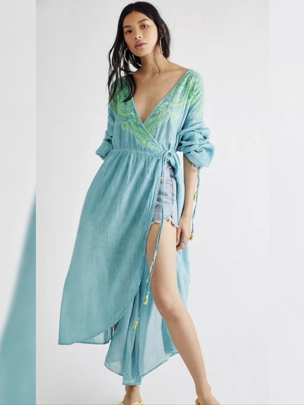 Free People Well Hello There Wrap Dress Indigo Blue And Green Women's Size Large